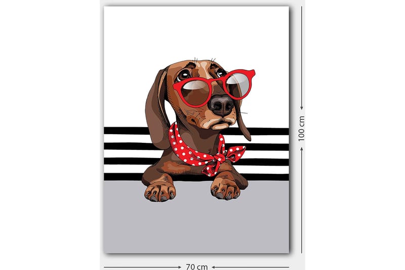 Lerretsbilde 70x100 cm - Søt hund med solbriller og et rødt prikkete skjerf - Brun / Rød / Grå - Innredning - Bilder & kunst - Lerretsbilder
