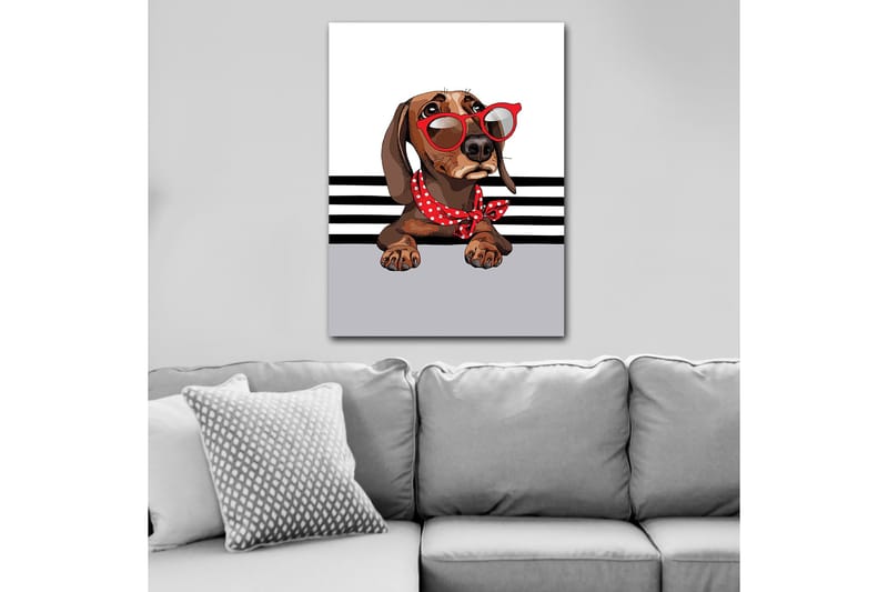 Lerretsbilde 70x100 cm - Søt hund med solbriller og et rødt prikkete skjerf, Brun / Rød / Grå