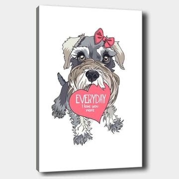 Lerretsbilde 70x100 cm - Søt hund som holder et hjerte med teksten EVERYDAY I love you more - Grå / Rosa / Hvit - Innredning - Bilder & kunst - Lerretsbilder