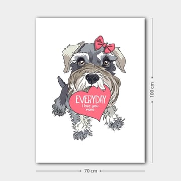 Lerretsbilde 70x100 cm - Søt hund som holder et hjerte med teksten EVERYDAY I love you more - Grå / Rosa / Hvit - Innredning - Bilder & kunst - Lerretsbilder