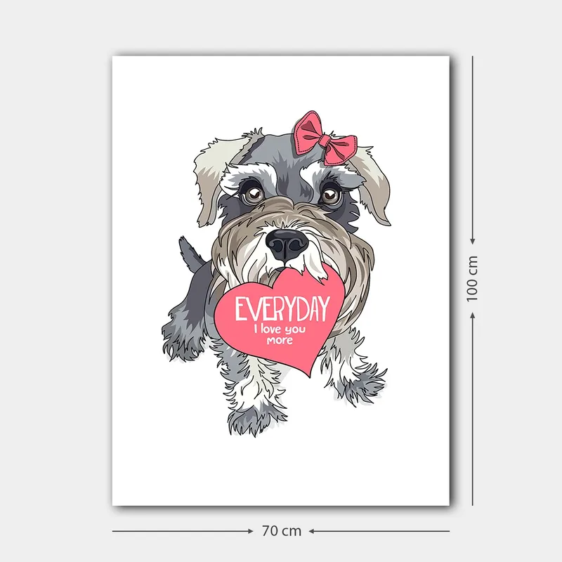 Lerretsbilde 70x100 cm - Søt hund som holder et hjerte med teksten EVERYDAY I love you more - Grå / Rosa / Hvit - Innredning - Bilder & kunst - Lerretsbilder