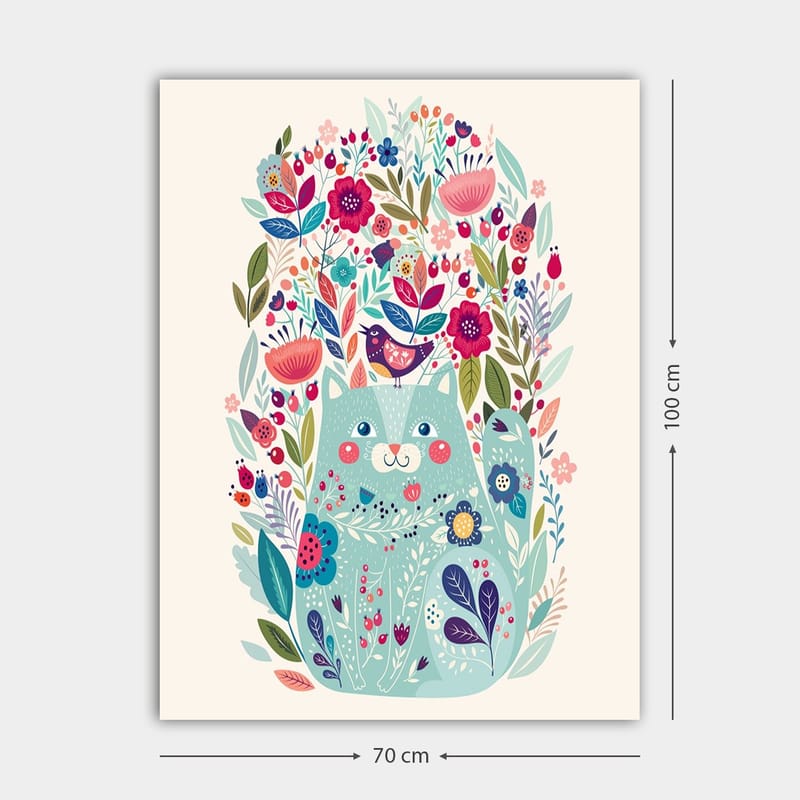 Lerretsbilde 70x100 cm - Søt katt omgitt av fargerike blomster og planter - Mintgrønn / Mørk blå / Rosa - Innredning - Bilder & kunst - Lerretsbilder