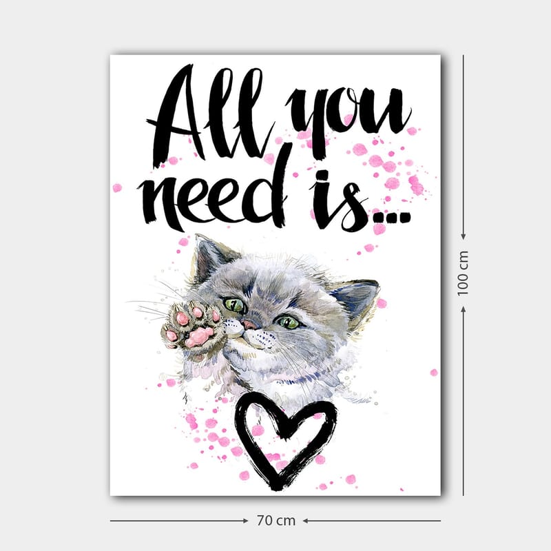 Lerretsbilde 70x100 cm - Søt katt som strekker ut poten sin med en hjerteformet omriss i bakgrunnen - Grå / Rosa / Grønn - Innredning - Bilder & kunst - Lerretsbilder