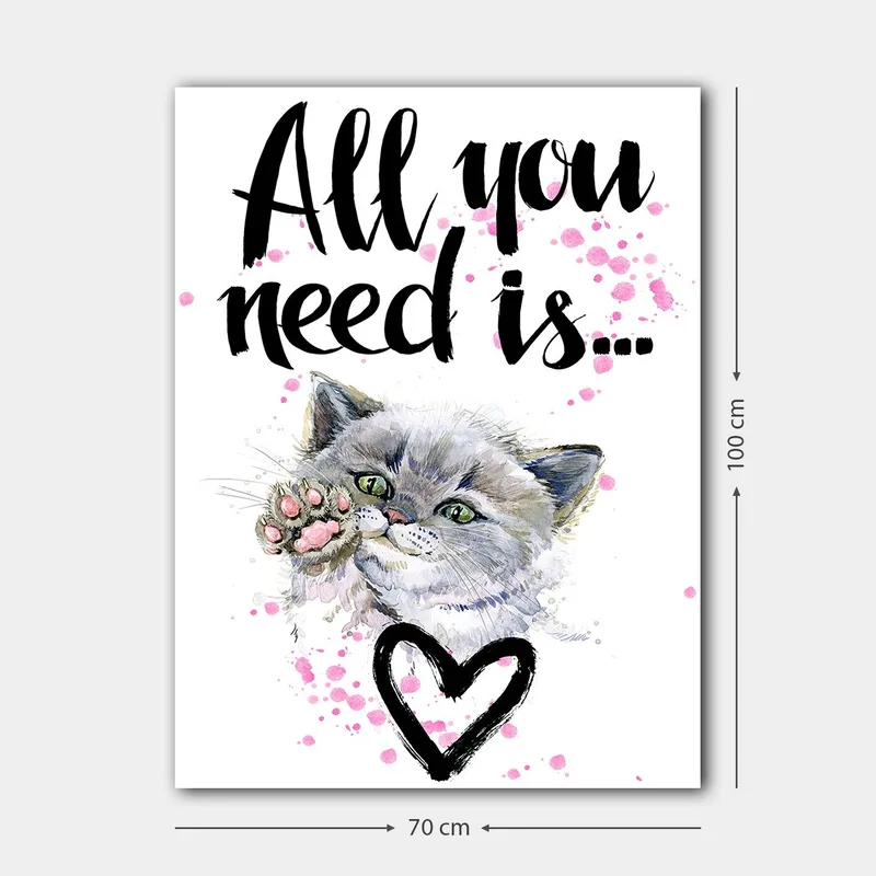 Lerretsbilde 70x100 cm - Søt katt som strekker ut poten sin med en hjerteformet omriss i bakgrunnen - Grå / Rosa / Grønn - Innredning - Bilder & kunst - Lerretsbilder