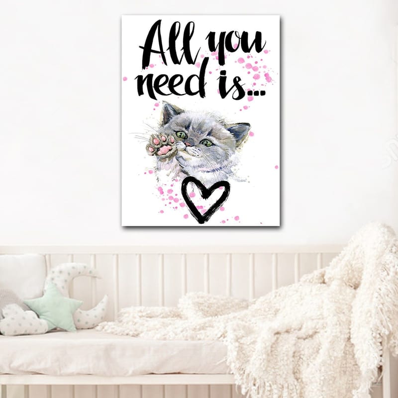 Lerretsbilde 70x100 cm - Søt katt som strekker ut poten sin med en hjerteformet omriss i bakgrunnen - Grå / Rosa / Grønn - Innredning - Bilder & kunst - Lerretsbilder