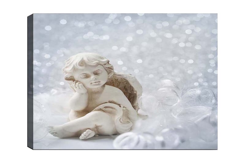 Lerretsbilde 70x100 cm - Søt keramisk engel som sitter med et tankefullt uttrykk, Hvit / Beige