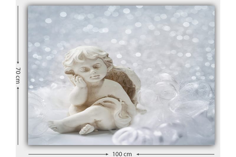 Lerretsbilde 70x100 cm - Søt keramisk engel som sitter med et tankefullt uttrykk - Hvit / Beige - Innredning - Bilder & kunst - Lerretsbilder