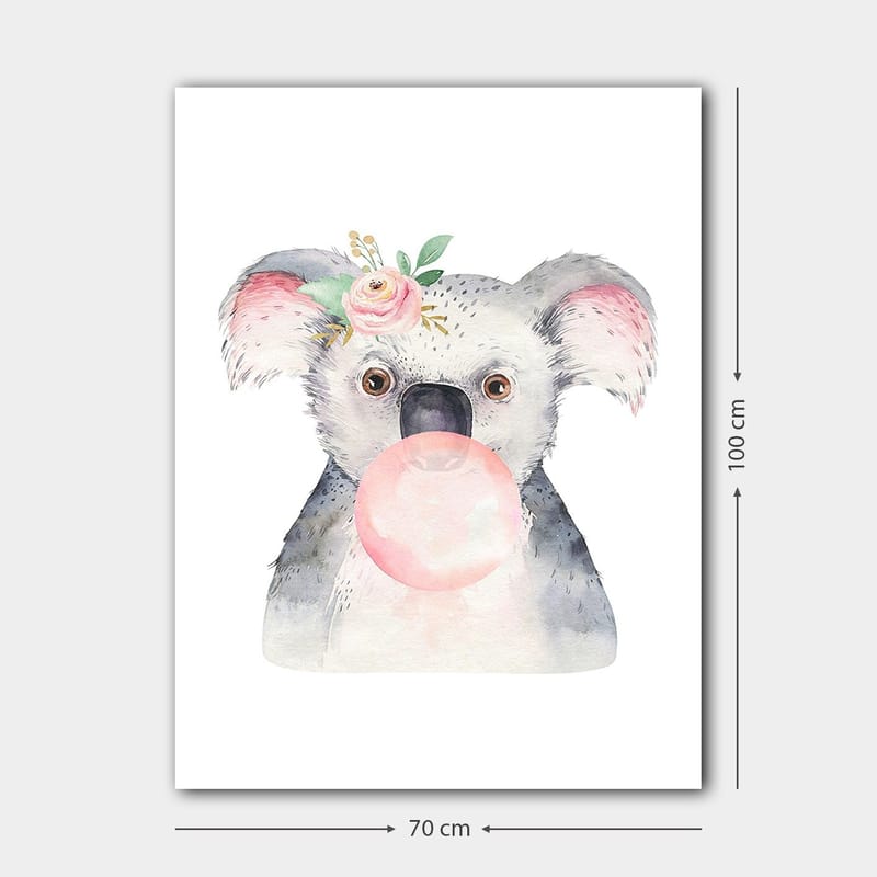 Lerretsbilde 70x100 cm - Søt koala som blåser tyggegummi med en blomst i øret - Grå / Rosa / Grønn - Innredning - Bilder & kunst - Lerretsbilder