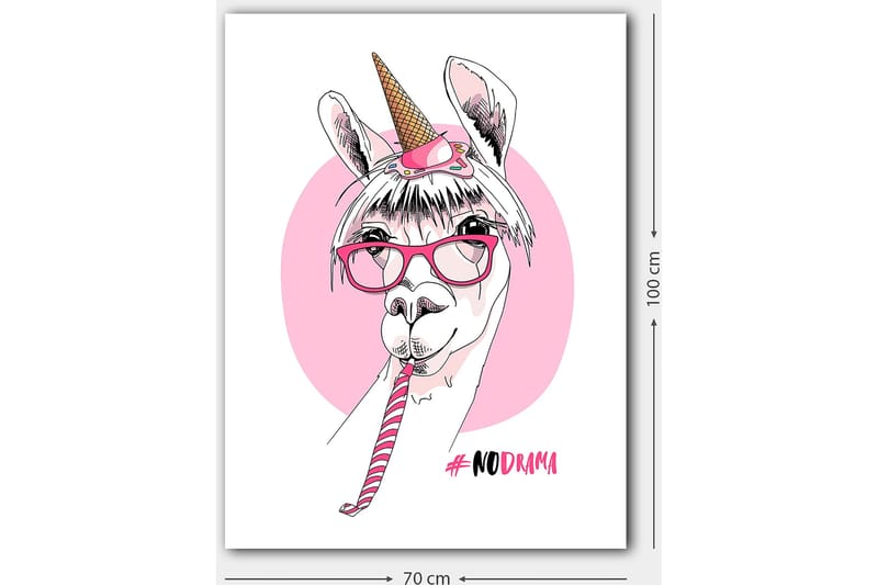 Lerretsbilde 70x100 cm - Søt lama med enhjørningshorn og briller som holder en sukkerstang - Rosa / Hvit / Svart - Innredning - Bilder & kunst - Lerretsbilder