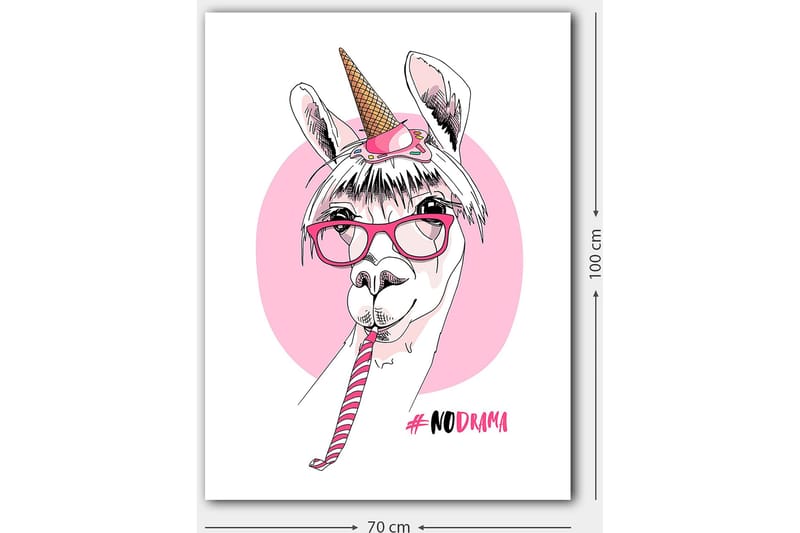 Lerretsbilde 70x100 cm - Søt lama med enhjørningshorn og briller som holder en sukkerstang - Rosa / Hvit / Svart - Innredning - Bilder & kunst - Lerretsbilder