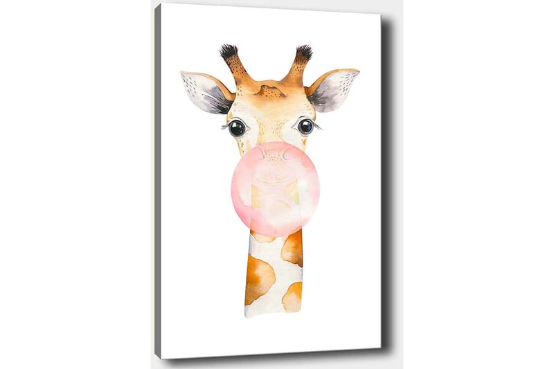 Lerretsbilde 70x100 cm - Søt sjiraff som blåser en tyggegummiball - Beige / Rosa / Brun - Innredning - Bilder & kunst - Lerretsbilder