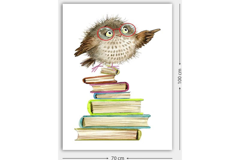 Lerretsbilde 70x100 cm - Søt ugle med briller som peker, sitter på en bunke med fargerike bøker - Brun / Grønn / Blå - Innredning - Bilder & kunst - Lerretsbilder