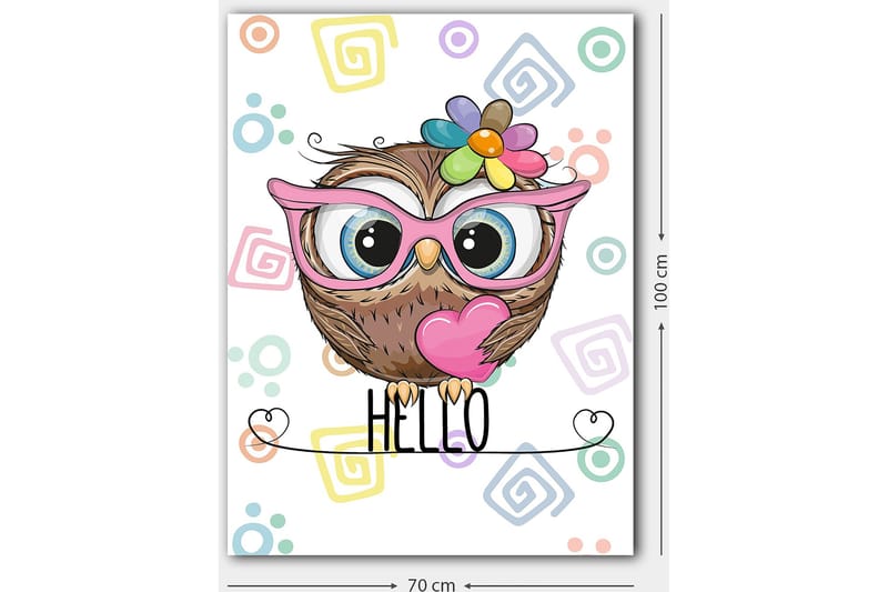 Lerretsbilde 70x100 cm - Søt ugle med store øyne og fargerik blomst på hodet - Brun / Rosa / Blå - Innredning - Bilder & kunst - Lerretsbilder