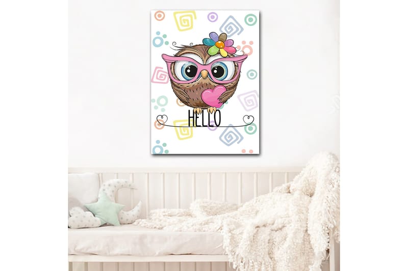 Lerretsbilde 70x100 cm - Søt ugle med store øyne og fargerik blomst på hodet - Brun / Rosa / Blå - Innredning - Bilder & kunst - Lerretsbilder