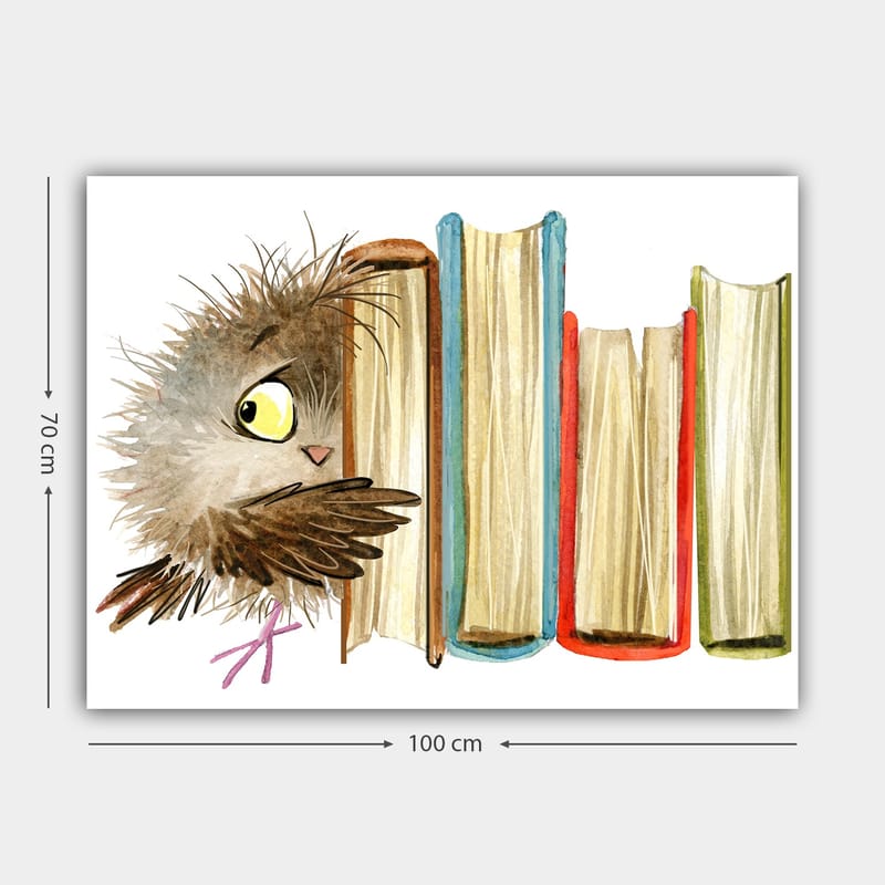 Lerretsbilde 70x100 cm - Søt ugle som titter frem bak bøker - Brun / Gul / Rød - Innredning - Bilder & kunst - Lerretsbilder
