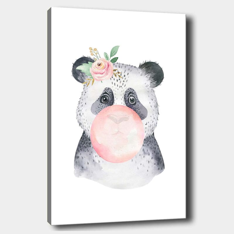 Lerretsbilde 70x100 cm - Søt panda som blåser tyggegummi med en blomst i øret, Grå / Rosa / Grønn