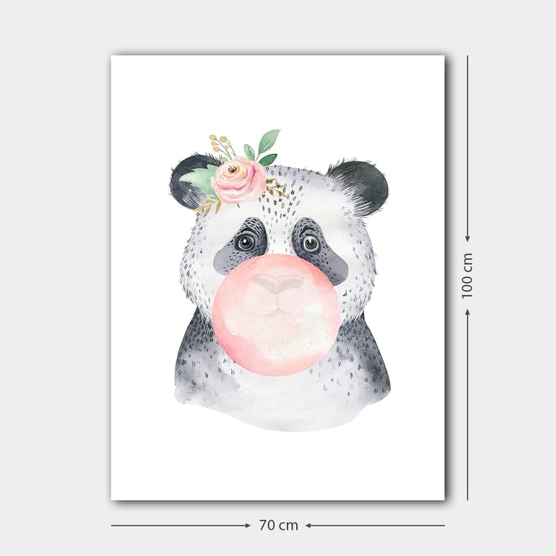 Lerretsbilde 70x100 cm - Søt panda som blåser tyggegummi med en blomst i øret - Grå / Rosa / Grønn - Innredning - Bilder & kunst - Lerretsbilder
