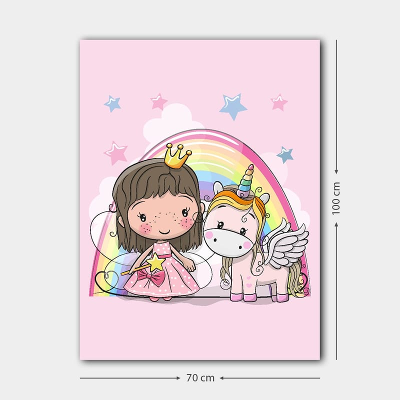Lerretsbilde 70x100 cm - Søt prinsesse med enhjørning under en regnbue - Rosa / Hvit / Gull - Innredning - Bilder & kunst - Lerretsbilder