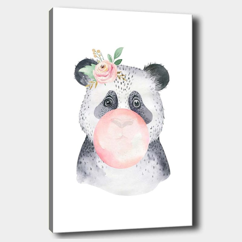 Lerretsbilde 70x100 cm - Søt panda som blåser tyggegummi med en blomst i øret, Grå / Rosa / Grønn