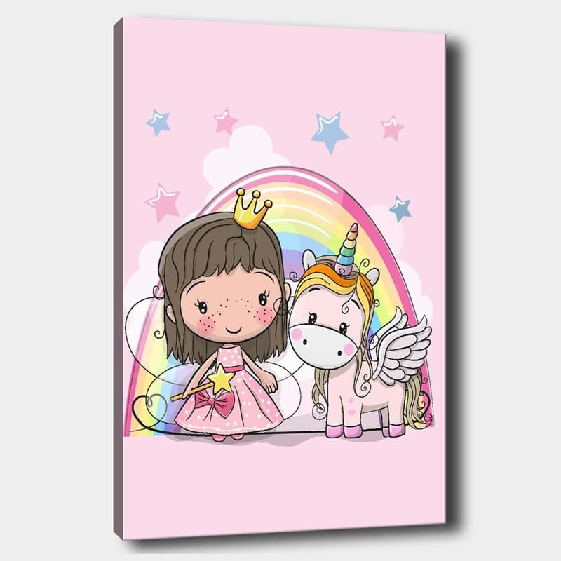 Lerretsbilde 70x100 cm - Søt prinsesse med enhjørning under en regnbue, Rosa / Hvit / Gull