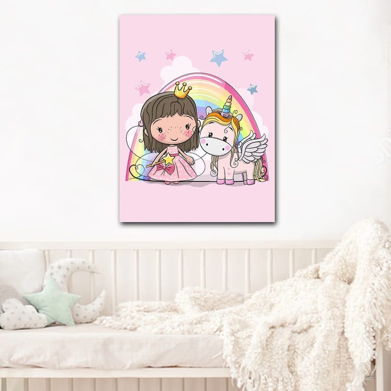 Lerretsbilde 70x100 cm - Søt prinsesse med enhjørning under en regnbue - Rosa / Hvit / Gull - Innredning - Bilder & kunst - Lerretsbilder