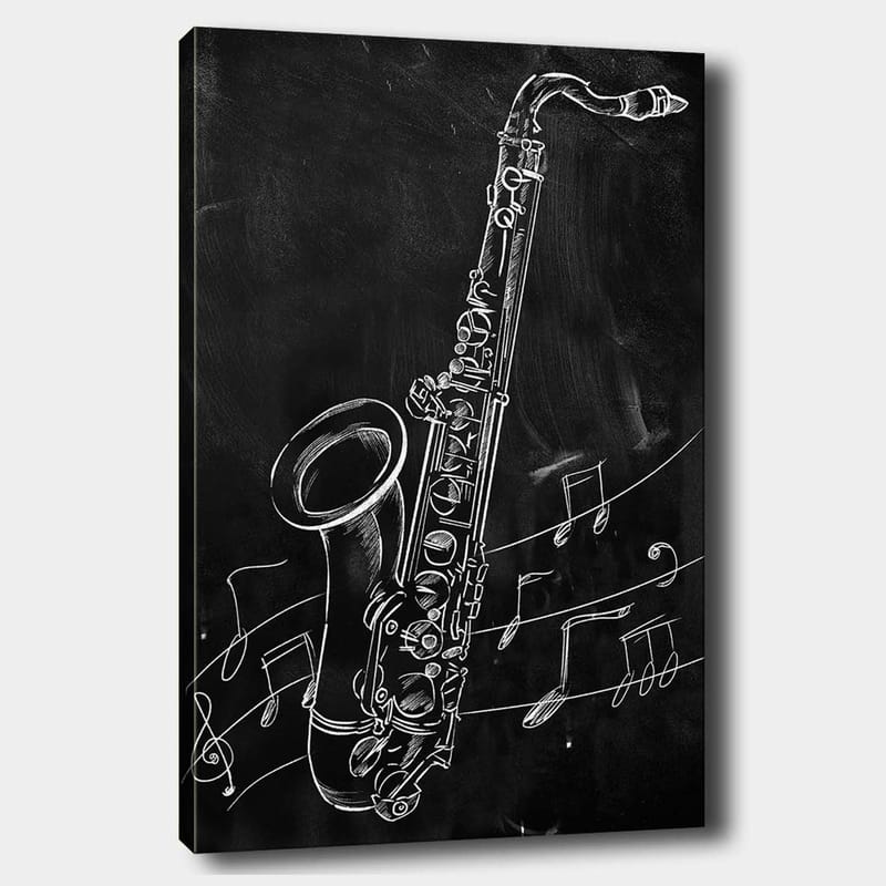 Lerretsbilde 70x100 cm - Saksofon omgitt av noter på svart bakgrunn - Hvit / Svart - Innredning - Bilder & kunst - Lerretsbilder