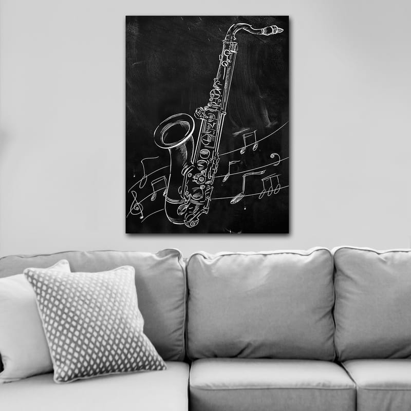 Lerretsbilde 70x100 cm - Saksofon omgitt av noter på svart bakgrunn - Hvit / Svart - Innredning - Bilder & kunst - Lerretsbilder