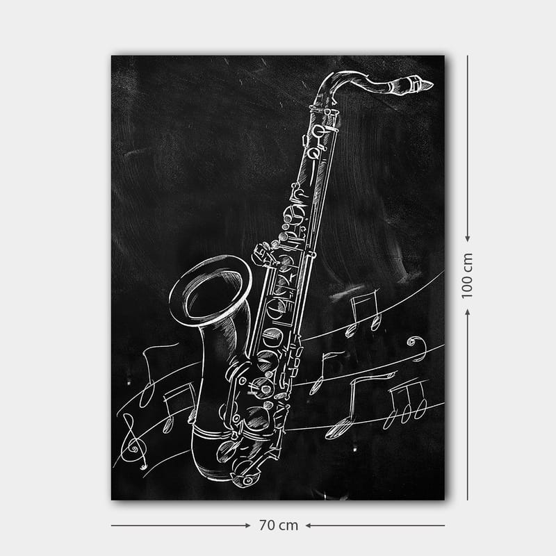 Lerretsbilde 70x100 cm - Saksofon omgitt av noter på svart bakgrunn - Hvit / Svart - Innredning - Bilder & kunst - Lerretsbilder