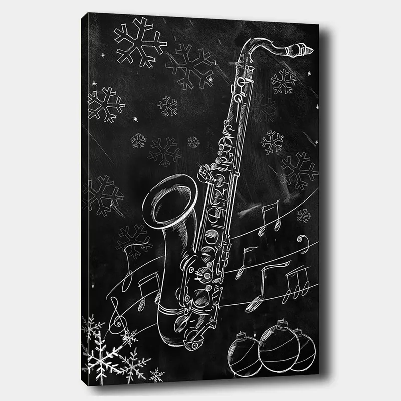 Lerretsbilde 70x100 cm - Saksofon omgitt av snøflak og noter i en vinterlig atmosfære - Hvit / Svart / Grå - Innredning - Bilder & kunst - Lerretsbilder