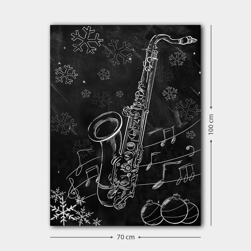 Lerretsbilde 70x100 cm - Saksofon omgitt av snøflak og noter i en vinterlig atmosfære - Hvit / Svart / Grå - Innredning - Bilder & kunst - Lerretsbilder