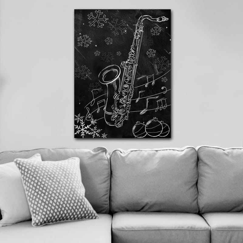 Lerretsbilde 70x100 cm - Saksofon omgitt av snøflak og noter i en vinterlig atmosfære - Hvit / Svart / Grå - Innredning - Bilder & kunst - Lerretsbilder