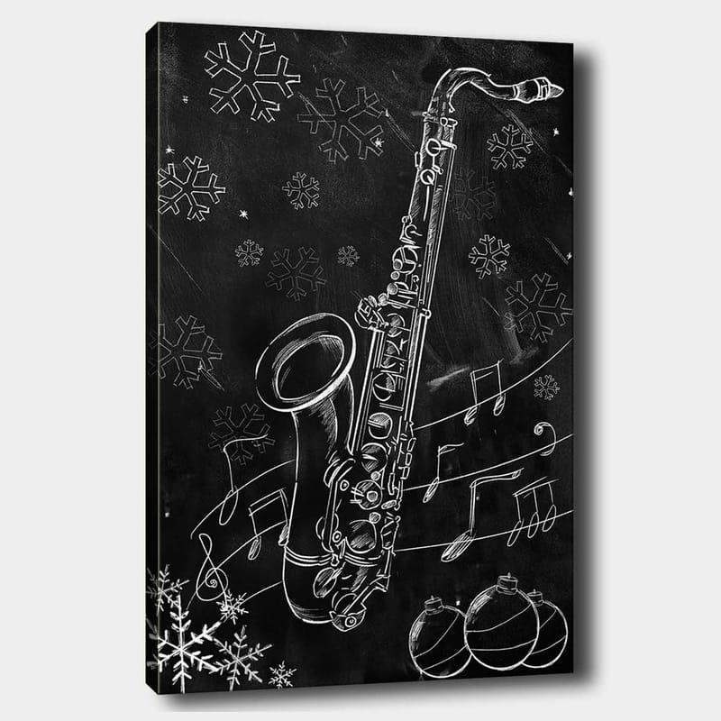Lerretsbilde 70x100 cm - Saksofon omgitt av snøflak og noter i en vinterlig atmosfære, Hvit / Svart / Grå