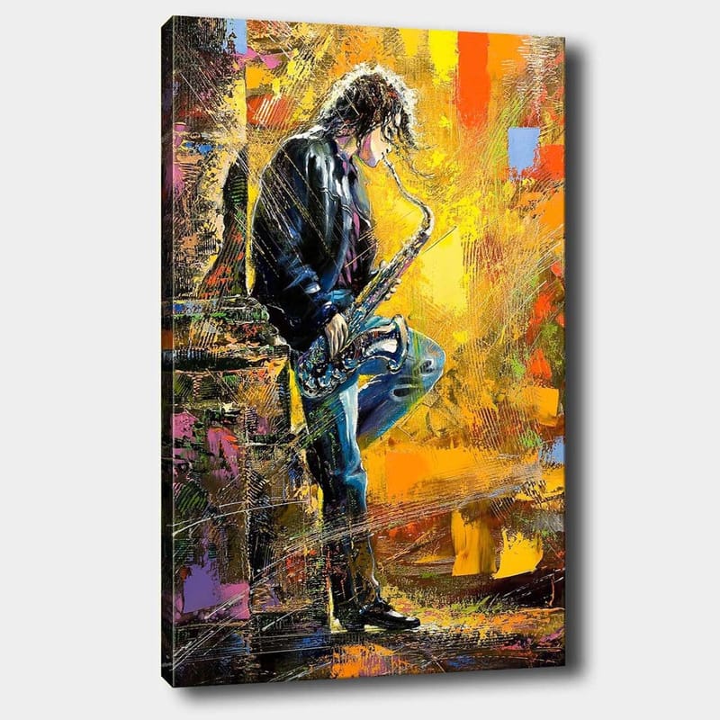 Lerretsbilde 70x100 cm - Saksofonist spiller med lidenskap i et fargerikt miljø, Gul / Blå / Svart