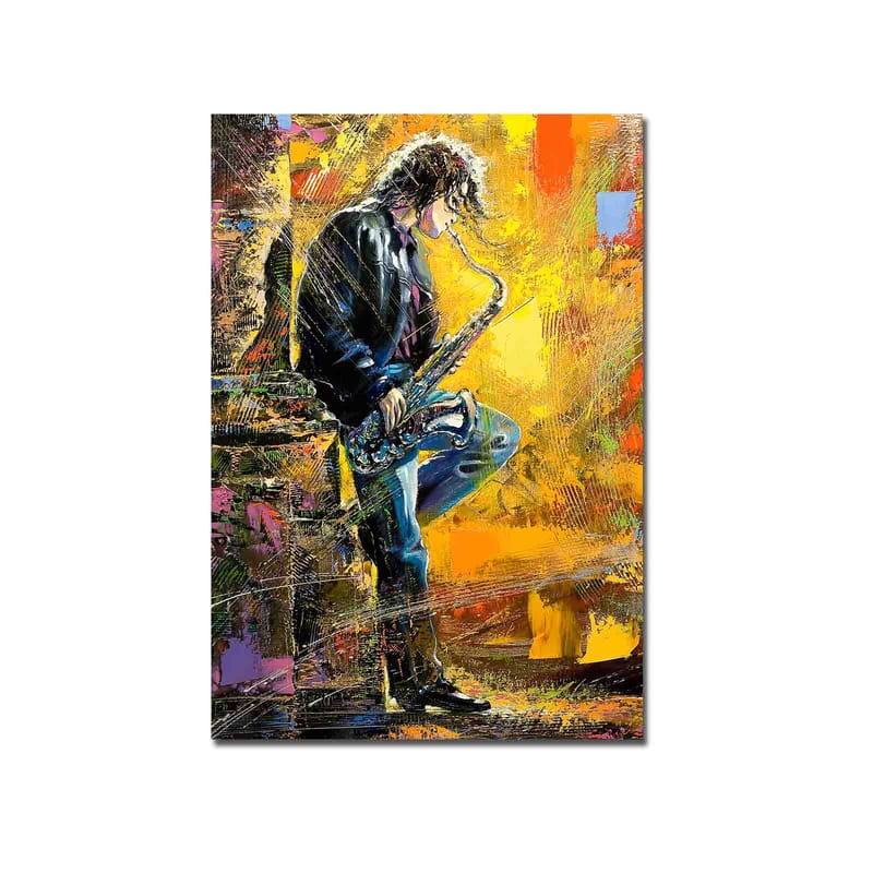 Lerretsbilde 70x100 cm - Saksofonist spiller med lidenskap i et fargerikt miljø - Gul / Blå / Svart - Innredning - Bilder & kunst - Lerretsbilder