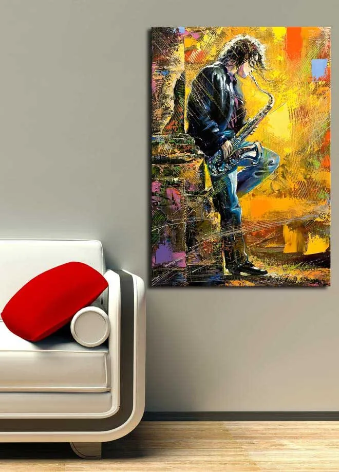 Lerretsbilde 70x100 cm - Saksofonist spiller med lidenskap i et fargerikt miljø - Gul / Blå / Svart - Innredning - Bilder & kunst - Lerretsbilder