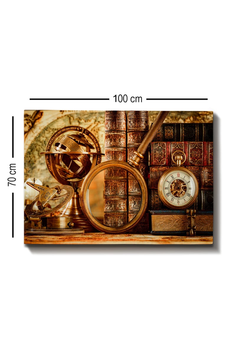 Lerretsbilde 70x100 cm - Samling av antikke navigasjonsverktøy og bøker som formidler en følelse av historie og utforskning - Gull / Brun / Mørk rød - Innredning - Bilder & kunst - Lerretsbilder