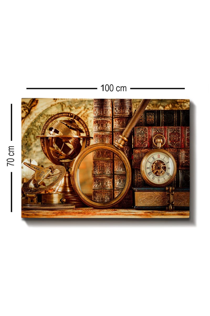 Lerretsbilde 70x100 cm - Samling av antikke navigasjonsverktøy og bøker som formidler en følelse av historie og utforskning - Gull / Brun / Mørk rød - Innredning - Bilder & kunst - Lerretsbilder