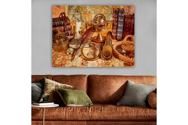 Lerretsbilde 70x100 cm - Samling av antikke navigasjonsverktøy og bøker som skaper en nostalgisk følelse av utforskning - Gull / Brun / Beige - Innredning - Bilder & kunst - Lerretsbilder