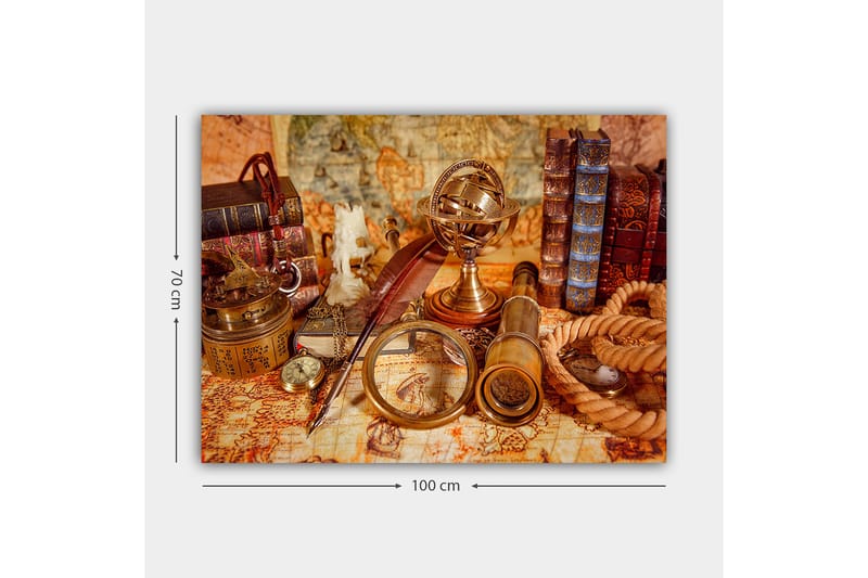 Lerretsbilde 70x100 cm - Samling av antikke navigasjonsverktøy og bøker som skaper en nostalgisk følelse av utforskning - Gull / Brun / Beige - Innredning - Bilder & kunst - Lerretsbilder