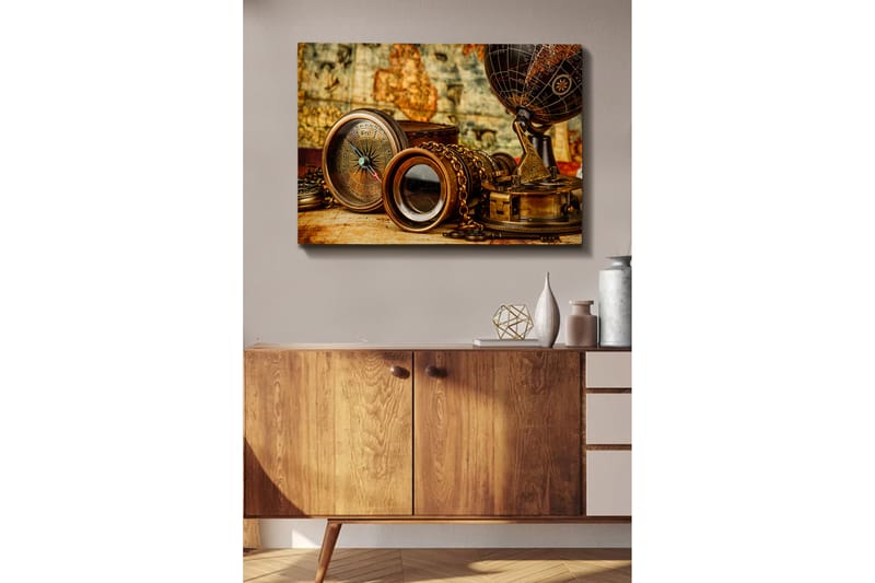 Lerretsbilde 70x100 cm - Samling av antikke navigasjonsverktøy og en globus som symboliserer utforskning og eventyr - Bronse / Svart / Beige - Innredning - Bilder & kunst - Lerretsbilder