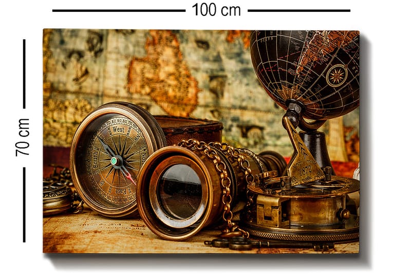 Lerretsbilde 70x100 cm - Samling av antikke navigasjonsverktøy og en globus som symboliserer utforskning og eventyr - Bronse / Svart / Beige - Innredning - Bilder & kunst - Lerretsbilder