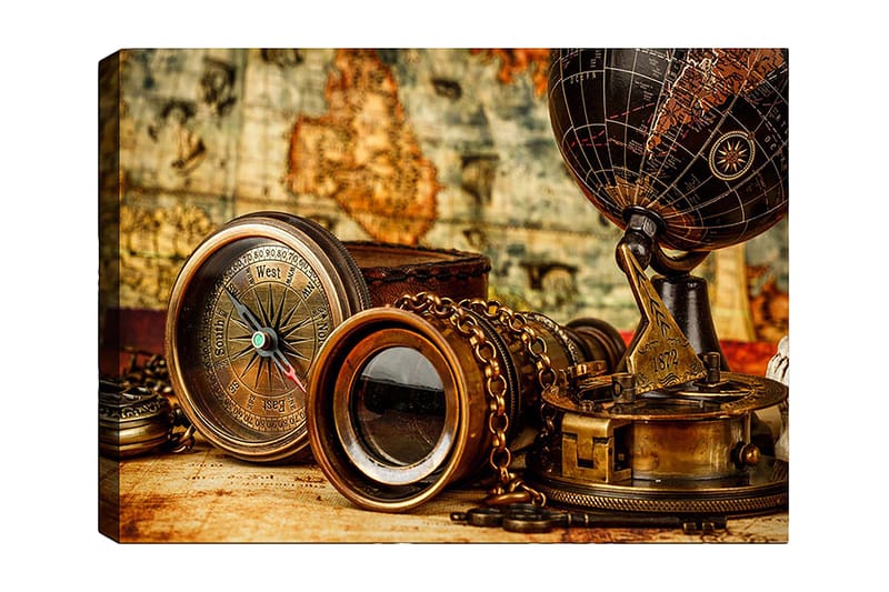 Lerretsbilde 70x100 cm - Samling av antikke navigasjonsverktøy og en globus som symboliserer utforskning og eventyr, Bronse / Svart / Beige