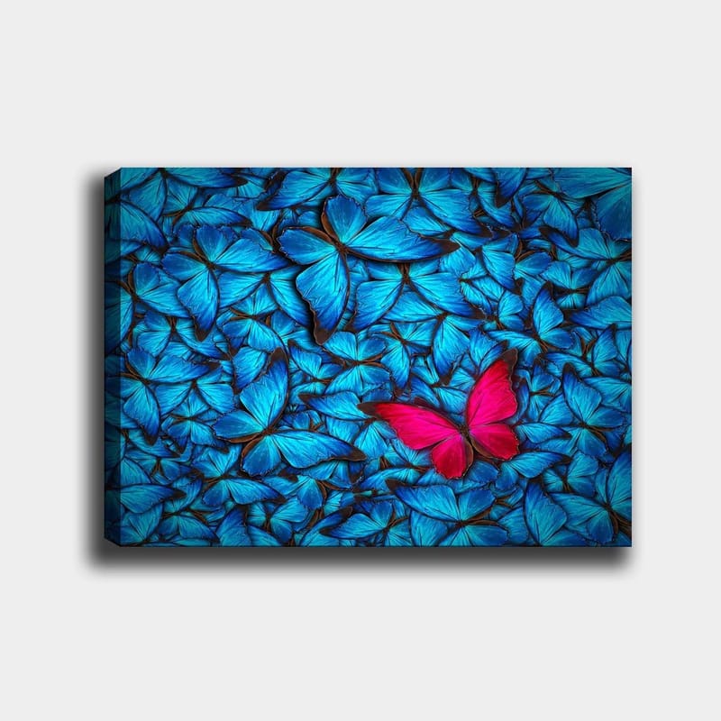 Lerretsbilde 70x100 cm - Samling av blå sommerfugler med en fremtredende rosa sommerfugl i midten, Blå / Rosa