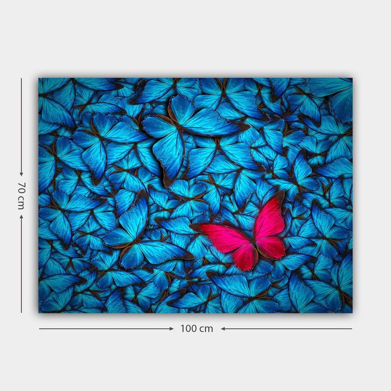 Lerretsbilde 70x100 cm - Samling av blå sommerfugler med en fremtredende rosa sommerfugl i midten - Blå / Rosa - Innredning - Bilder & kunst - Lerretsbilder