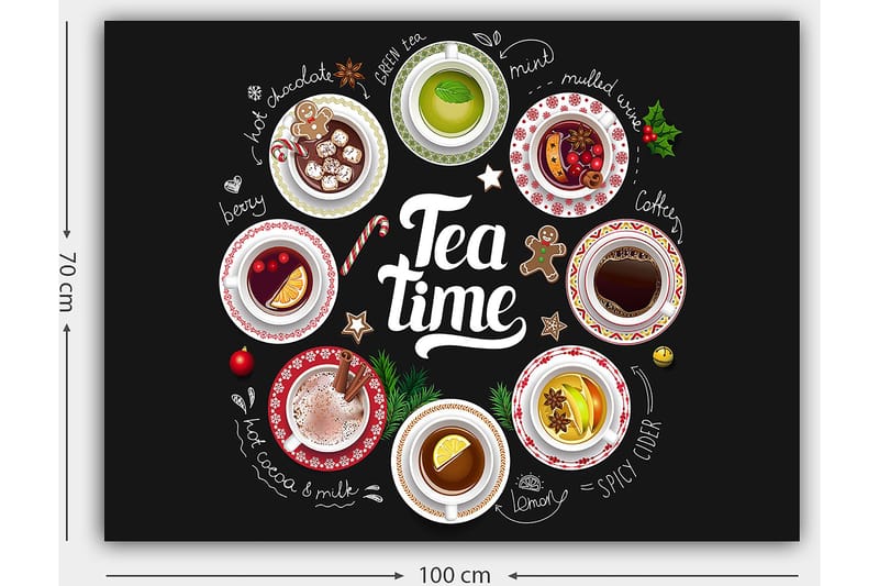 Lerretsbilde 70x100 cm - Samling av diverse te- og kaffedrikker presentert i skåler med dekorasjoner - Rød / Hvit / Grønn - Innredning - Bilder & kunst - Lerretsbilder