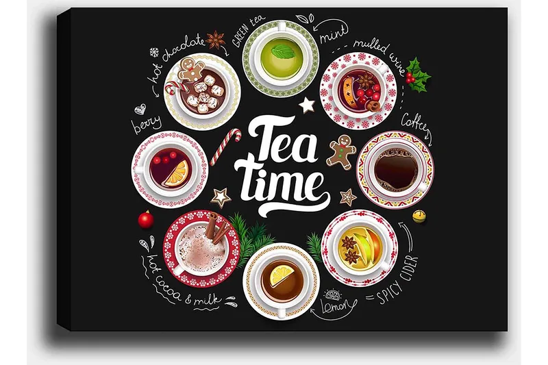 Lerretsbilde 70x100 cm - Samling av diverse te- og kaffedrikker presentert i skåler med dekorasjoner - Rød / Hvit / Grønn - Innredning - Bilder & kunst - Lerretsbilder