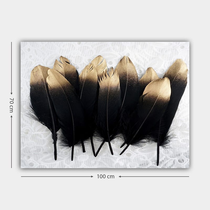 Lerretsbilde 70x100 cm - Samling av elegante fjær i svart og gull - Svart / Gull - Innredning - Bilder & kunst - Lerretsbilder
