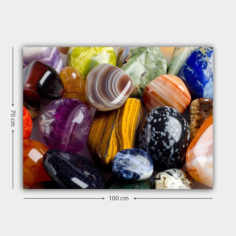 Lerretsbilde 70x100 cm - Samling av fargerike edelstener og mineraler i forskjellige former og nyanser - Lilla / Oransje / Grønn - Innredning - Bilder & kunst - Lerretsbilder