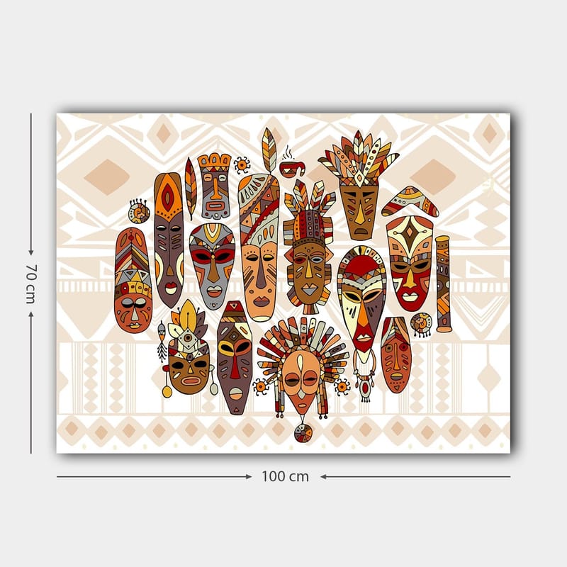 Lerretsbilde 70x100 cm - Samling av fargerike masker med forskjellige ansiktsuttrykk og detaljerte dekorasjoner - Rød / Brun / Beige - Innredning - Bilder & kunst - Lerretsbilder