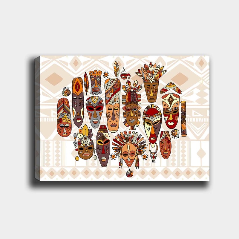 Lerretsbilde 70x100 cm - Samling av fargerike masker med forskjellige ansiktsuttrykk og detaljerte dekorasjoner - Rød / Brun / Beige - Innredning - Bilder & kunst - Lerretsbilder